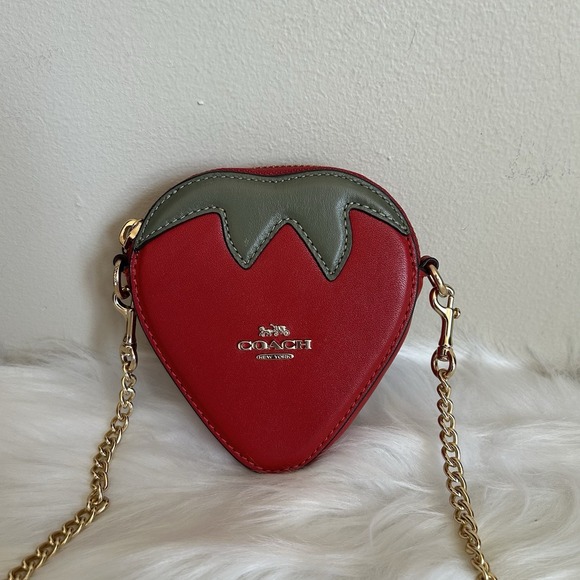 Coach Handbags - Coach Strawberry Coin Purse Crossbody Bag Red Leather Gold Chain Novelty Mini